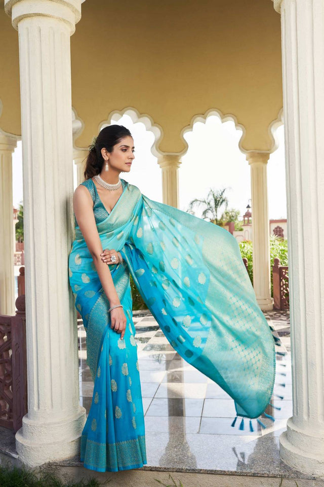 Turquoise Woven Georgette Saree