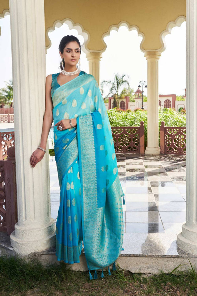 Turquoise Woven Georgette Saree