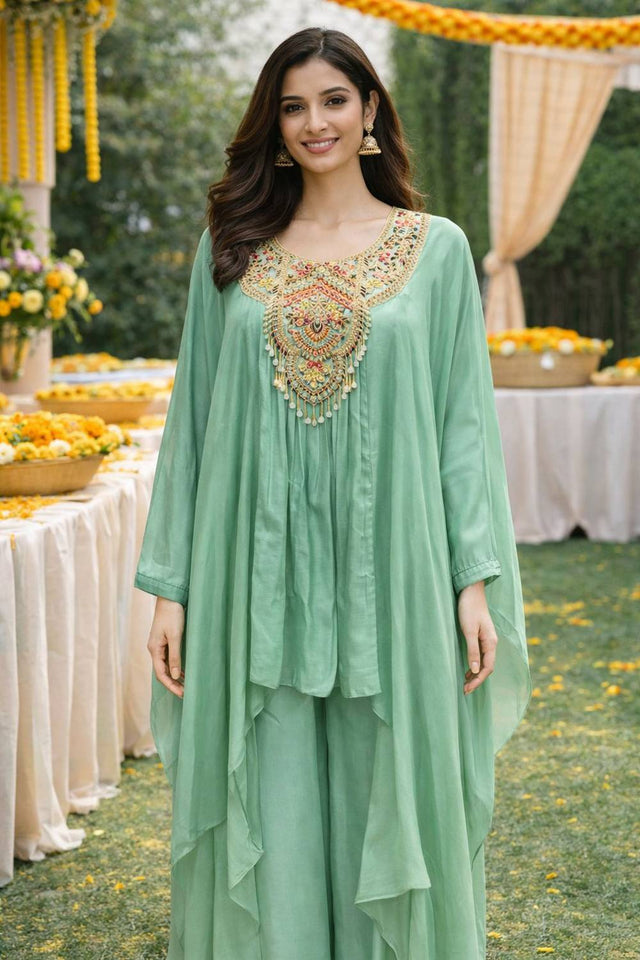 Sea Green Floral Embroidered Viscose Co-Ord Set