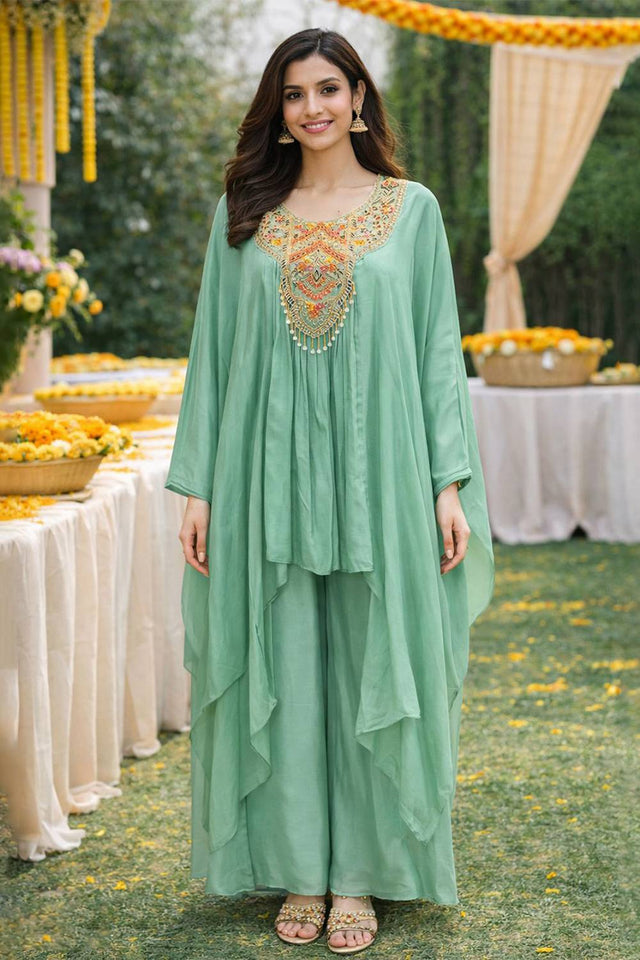 Sea Green Floral Embroidered Viscose Co-Ord Set