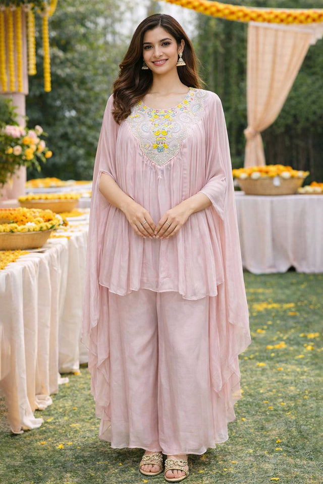 Pink Floral Embroidered Viscose Co-Ord Set