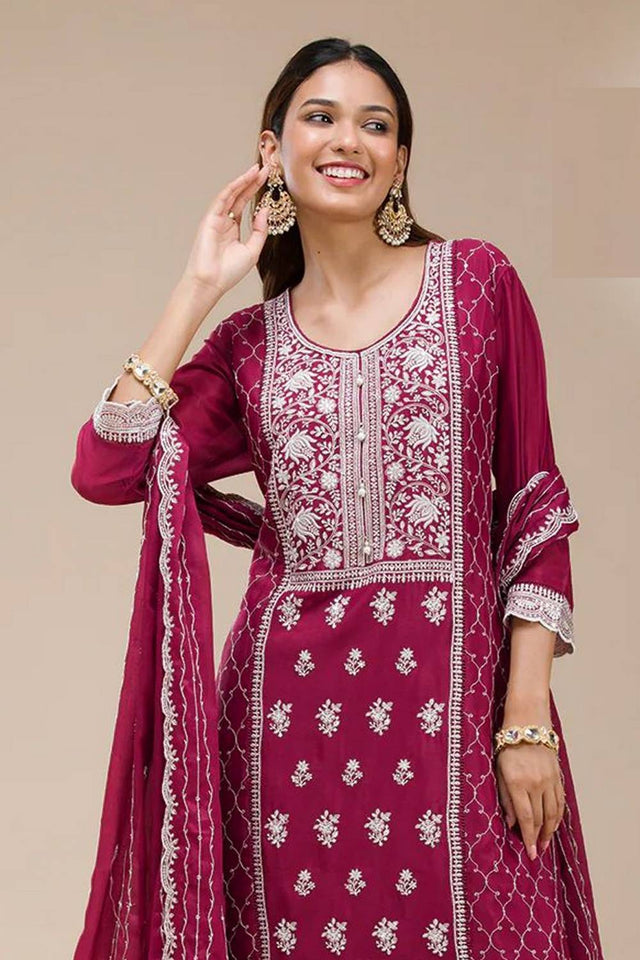 Pink Floral Embroidered Georgette Palazzo Suits