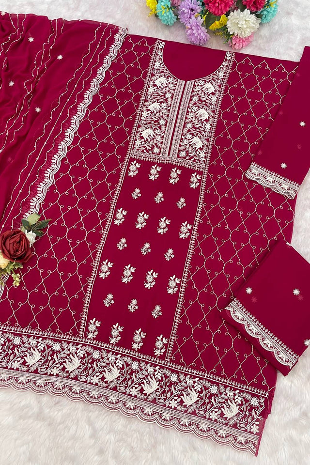 Pink Floral Embroidered Georgette Palazzo Suits