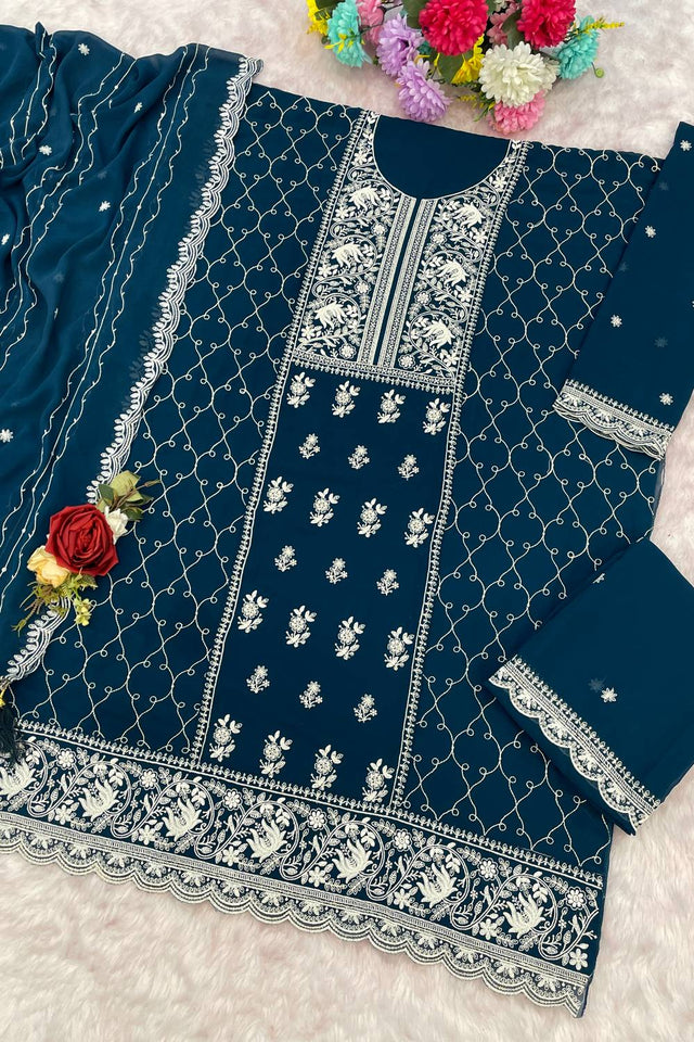 Turquoise Floral Embroidered Georgette Palazzo Suits