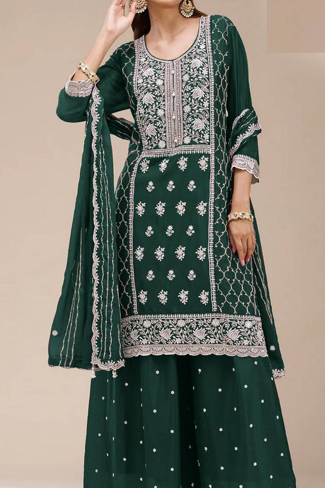 Green Floral Embroidered Georgette Palazzo Suits