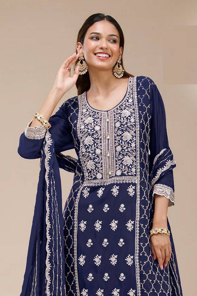 Blue Floral Embroidered Georgette Palazzo Suits