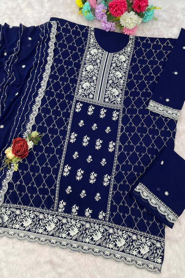 Blue Floral Embroidered Georgette Palazzo Suits