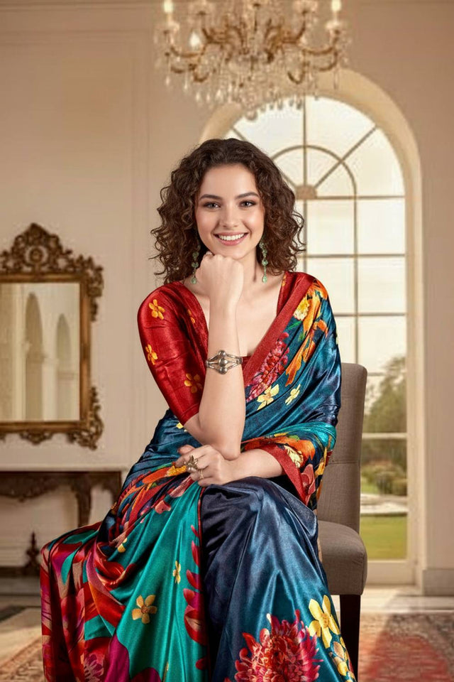 Blue Floral Printed Silk Saree