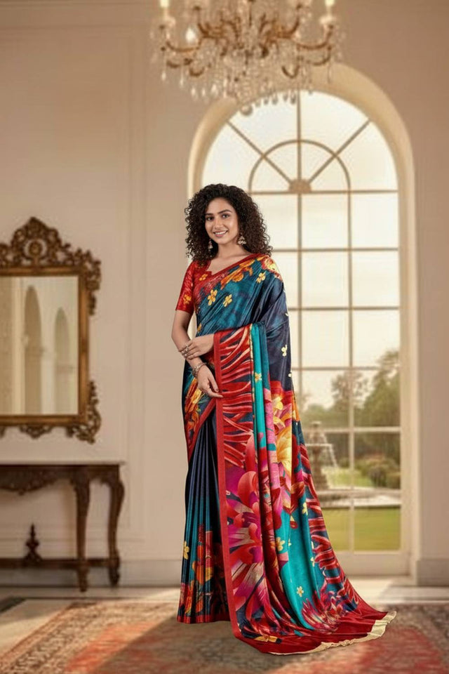 Blue Floral Printed Silk Saree