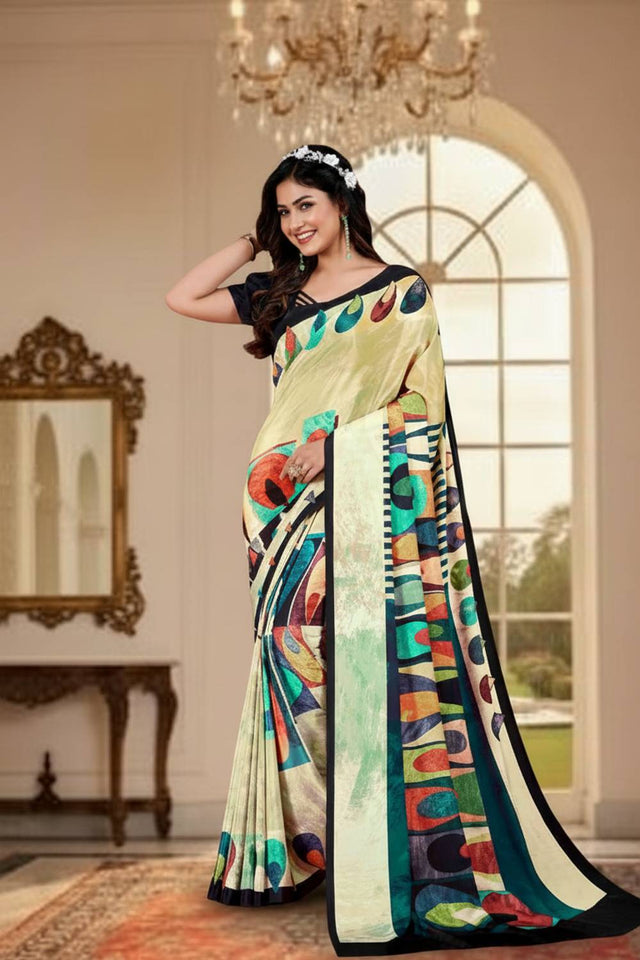 Yellow Digital Printed Silk Saree