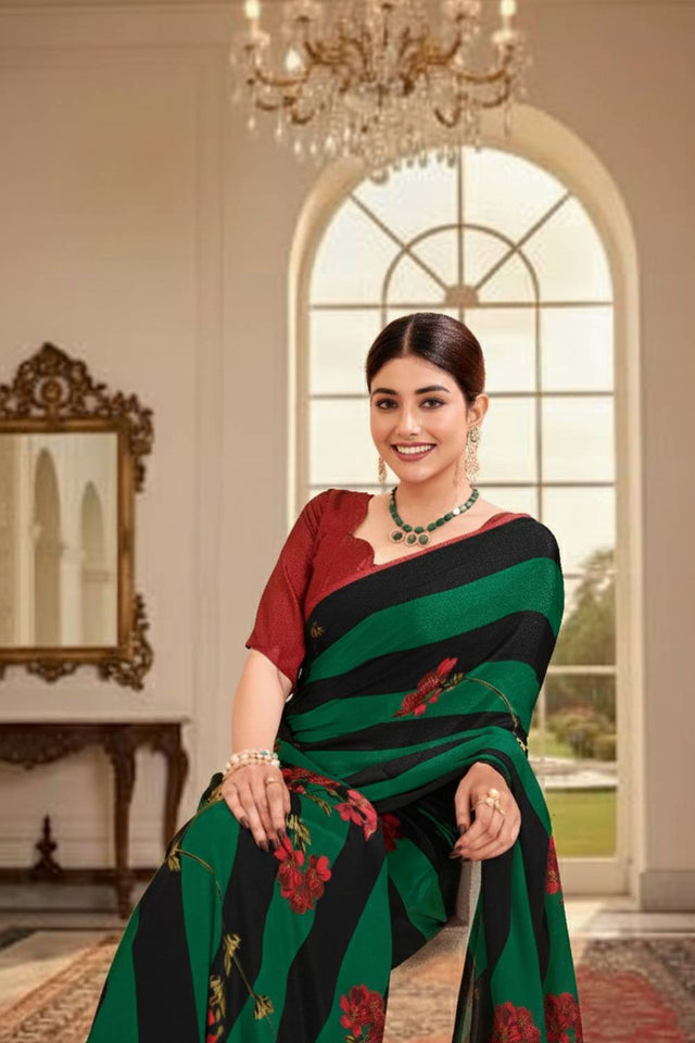 Green Floral Printed Silk Saree