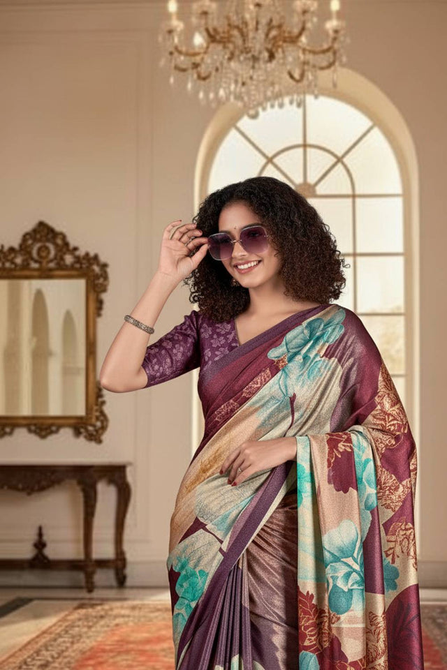 Multi Color Floral Printed Silk Saree