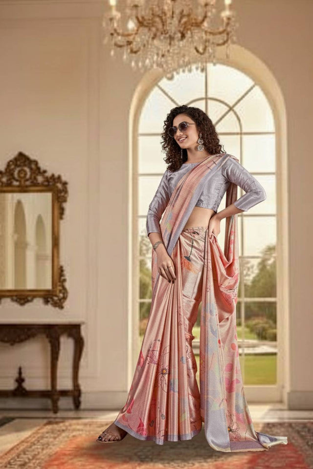 Pink Floral Printed Silk Saree