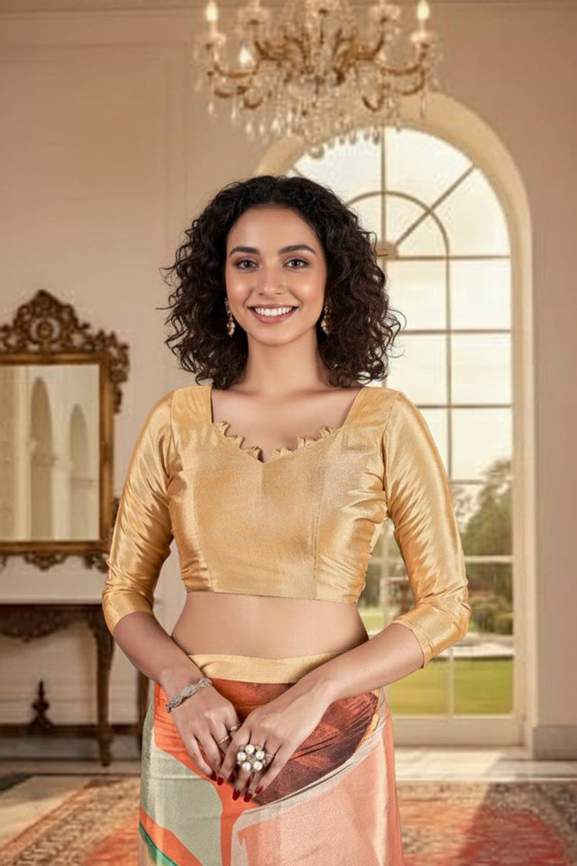 Peach Floral Printed Silk Saree