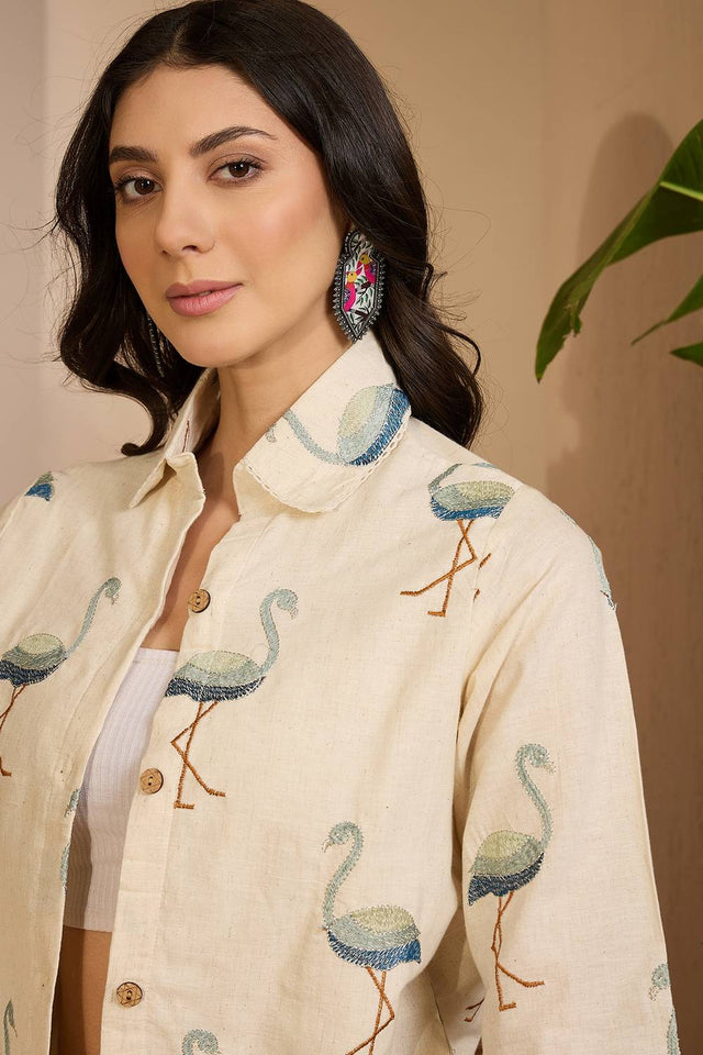 Beige Embroidered Silk Co-Ord Set