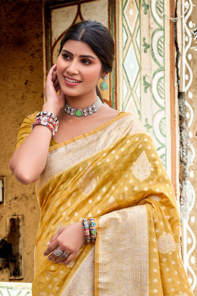 Mustard Woven Silk Saree