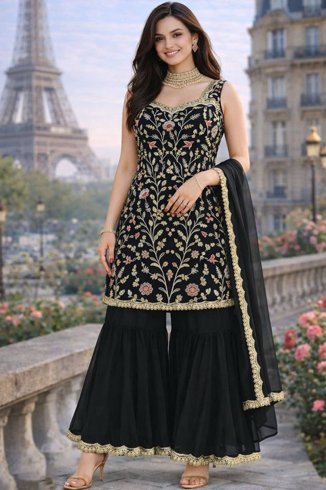Black Floral Embroidered Georgette Palazzo Suits
