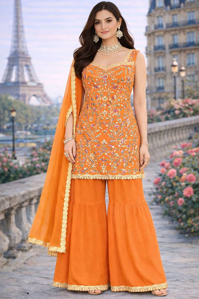 Mustard Floral Embroidered Georgette Palazzo Suits