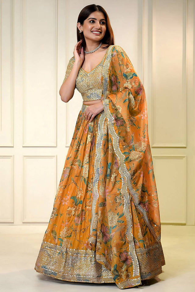 Orange Sequin with Embroidered Organza Lehenga