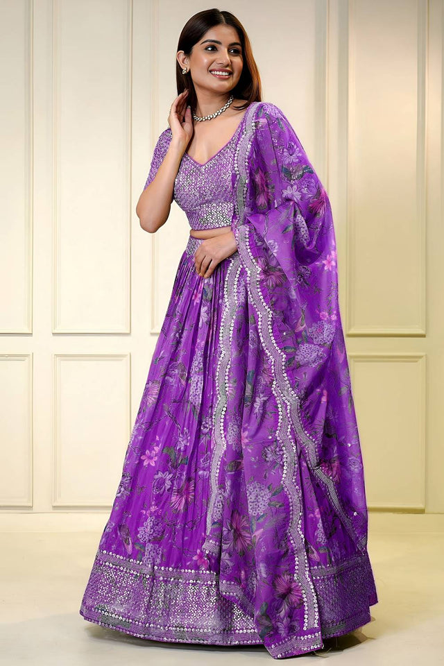 Violet Sequin with Embroidered Organza Lehenga