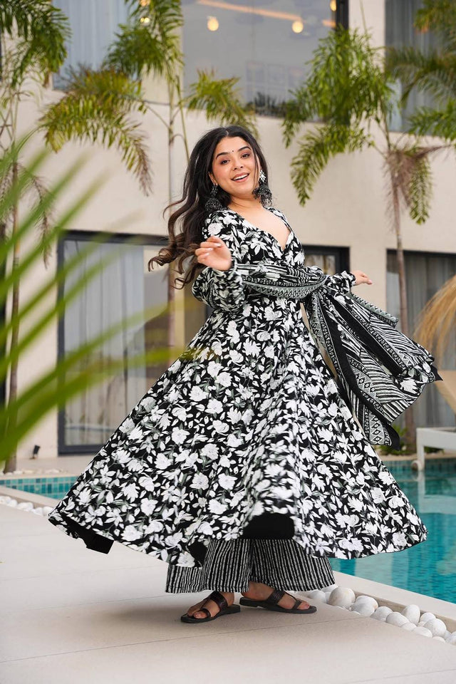 Black Floral Printed Muslin Palazzo Suits