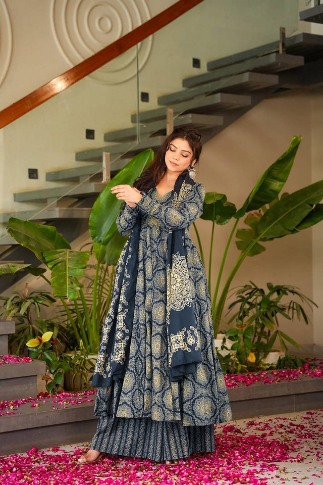 Turquoise Printed Muslin Palazzo Suits
