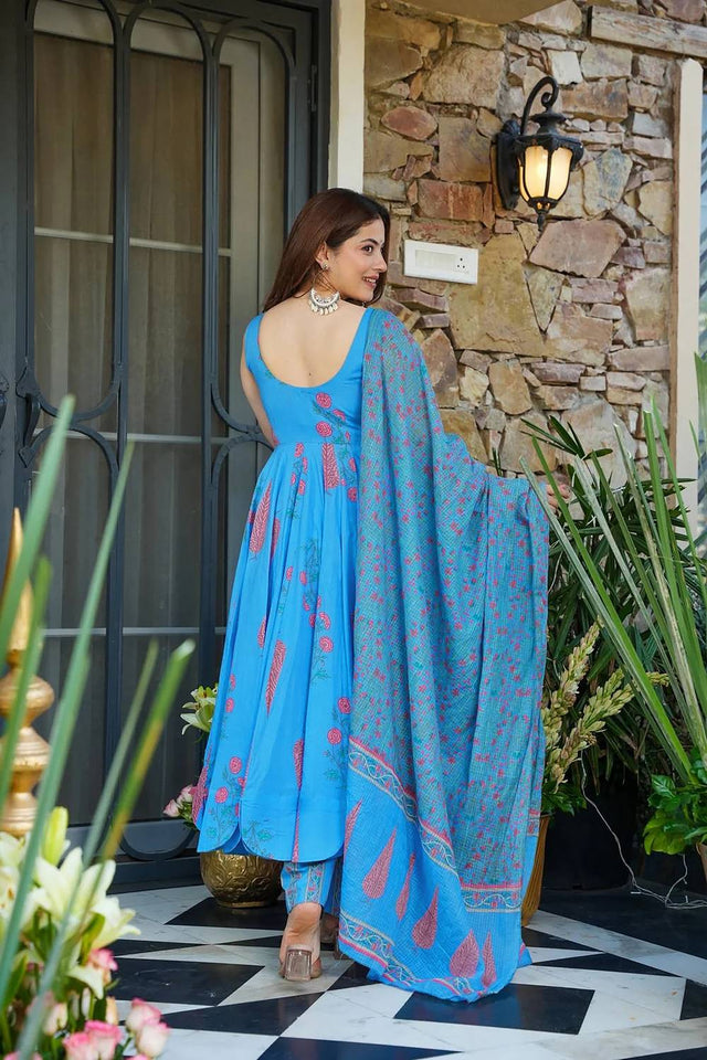 Turquoise Floral Printed Muslin Palazzo Suits