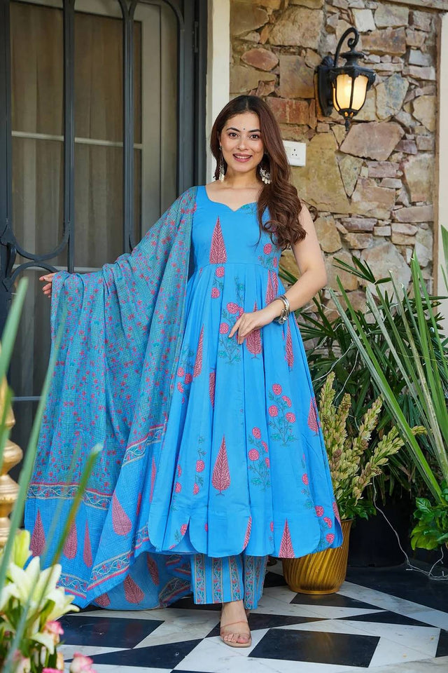 Turquoise Floral Printed Muslin Palazzo Suits