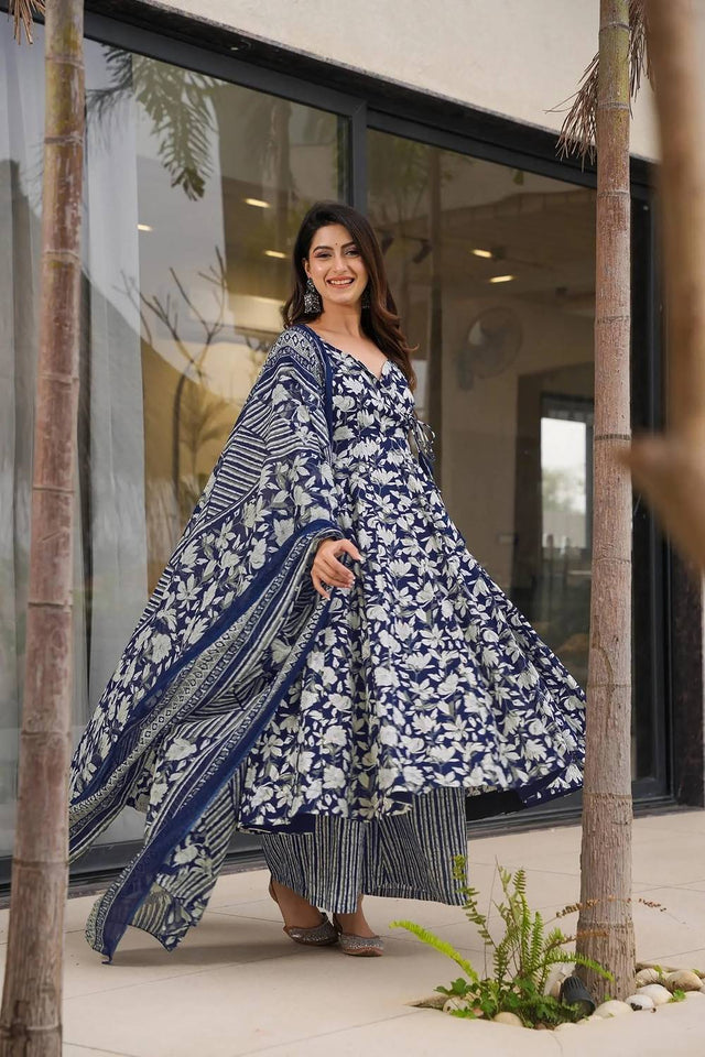 Blue Floral Printed Muslin Palazzo Suits