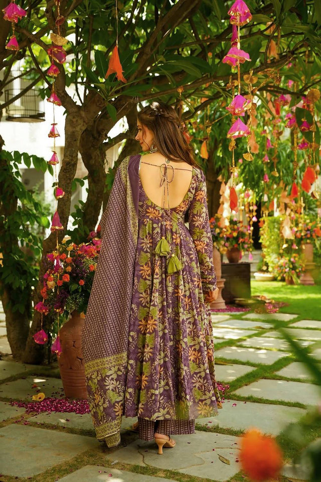 Violet Printed Muslin Palazzo Suits
