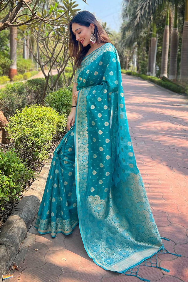 Blue Woven Organza Saree