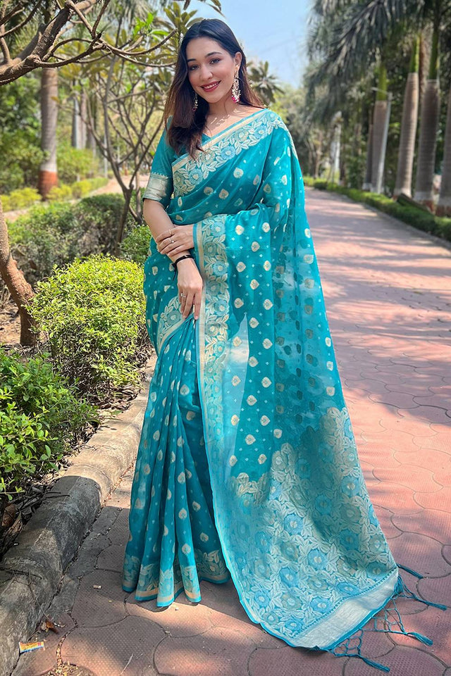 Blue Woven Organza Saree