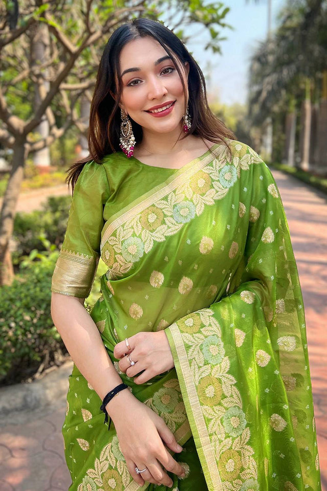 Mehendi Woven Organza Saree