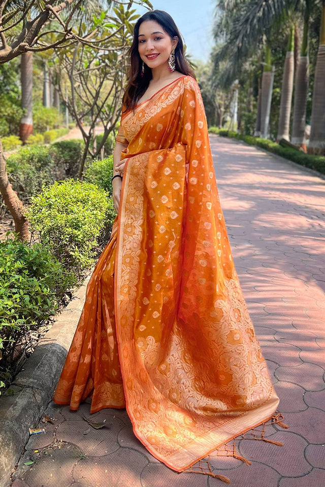 Orange Woven Organza Saree