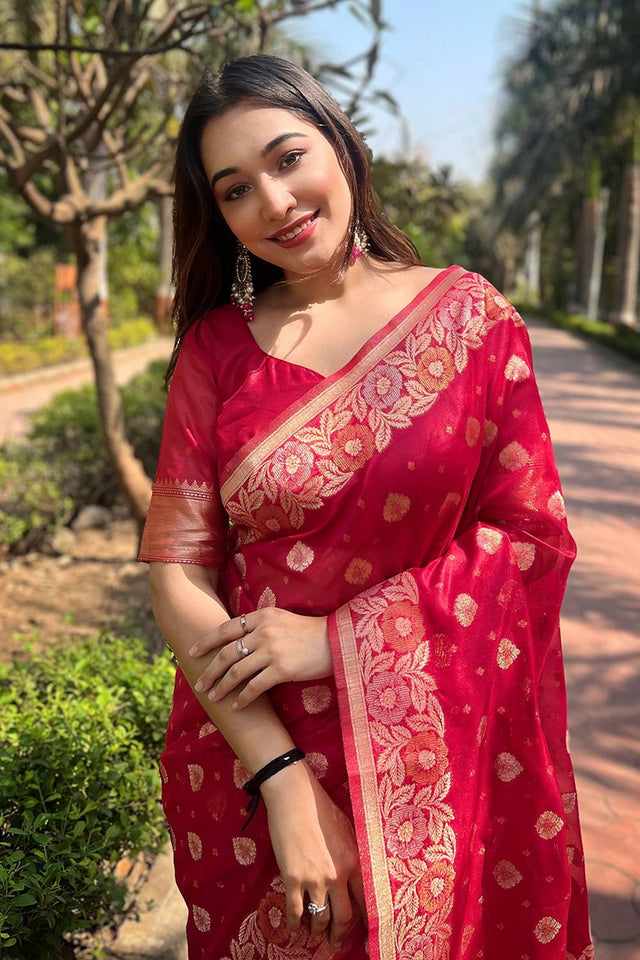 Pink Woven Organza Saree