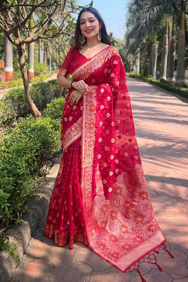 Pink Woven Organza Saree