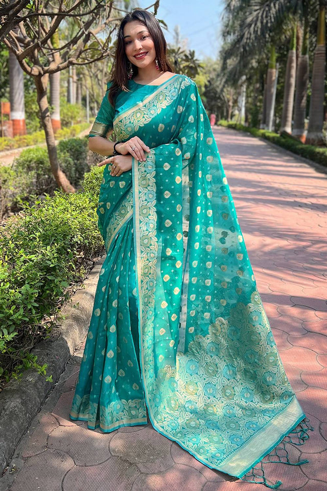 Sea Green Woven Organza Saree