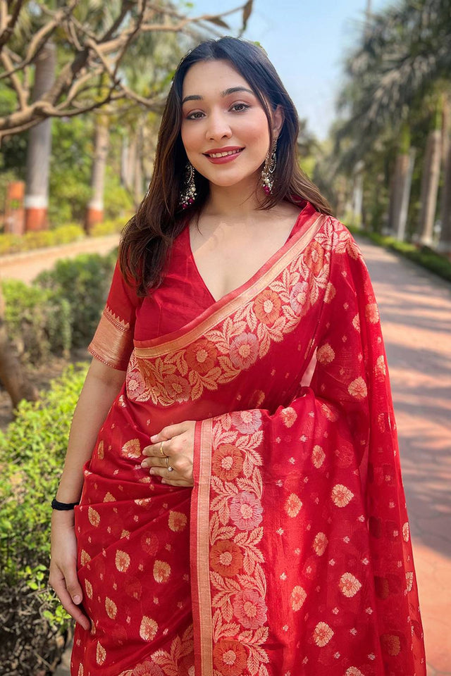 Red Woven Organza Saree