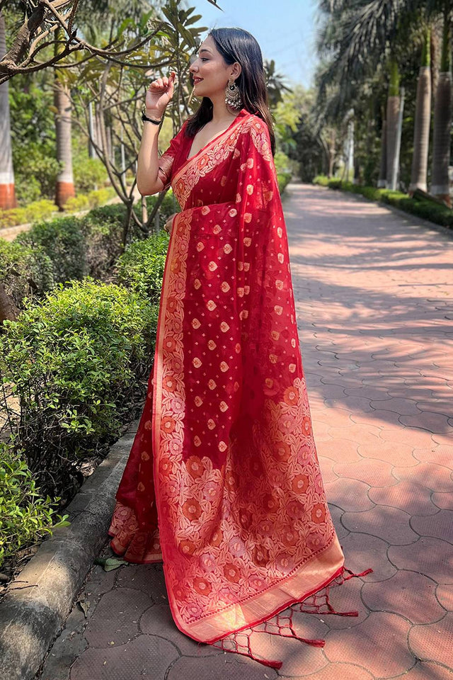 Red Woven Organza Saree