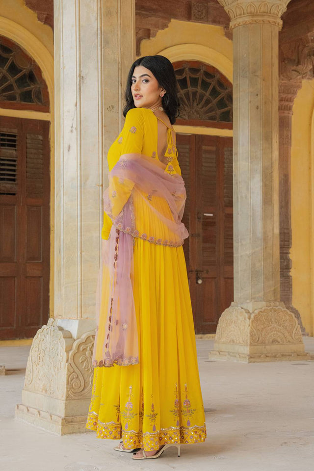 Yellow Sequin with Embroidered Georgette Gown