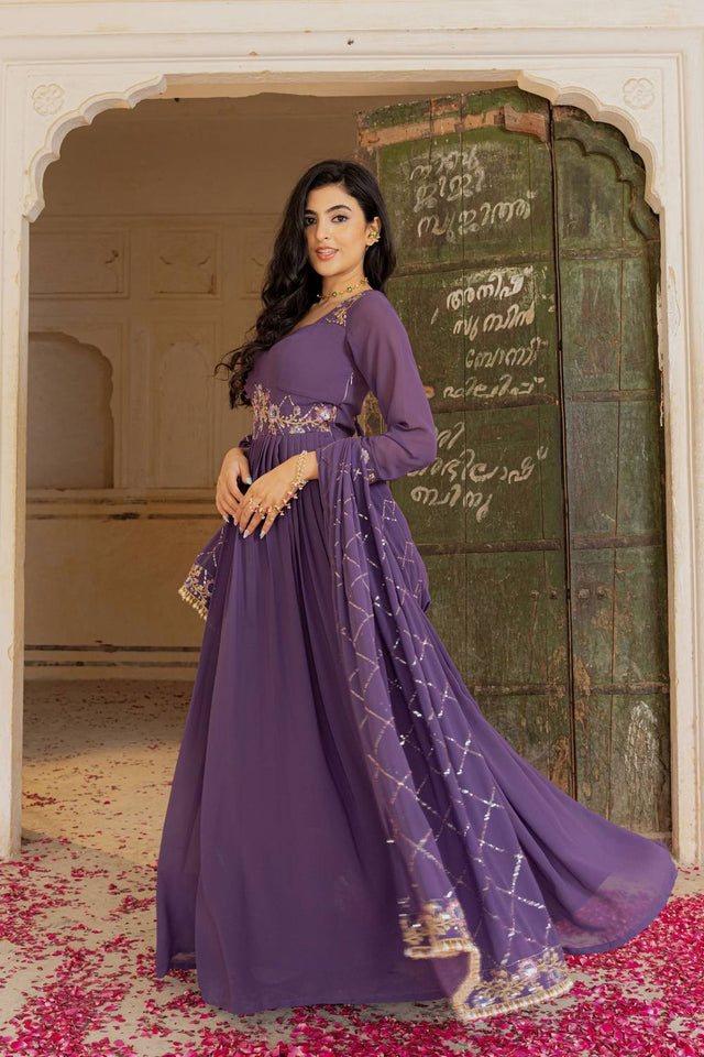 Violet Floral Embroidered Georgette Gown