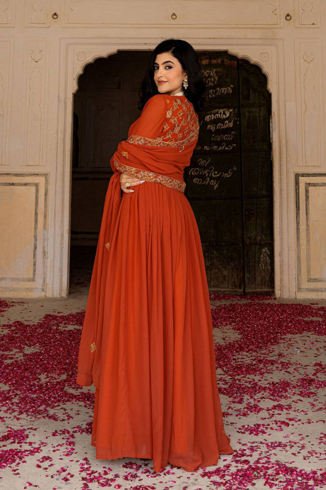 Orange Floral Embroidered Georgette Gown