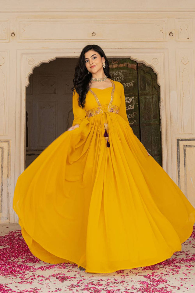 Mustard Sequin with Embroidered Georgette Gown