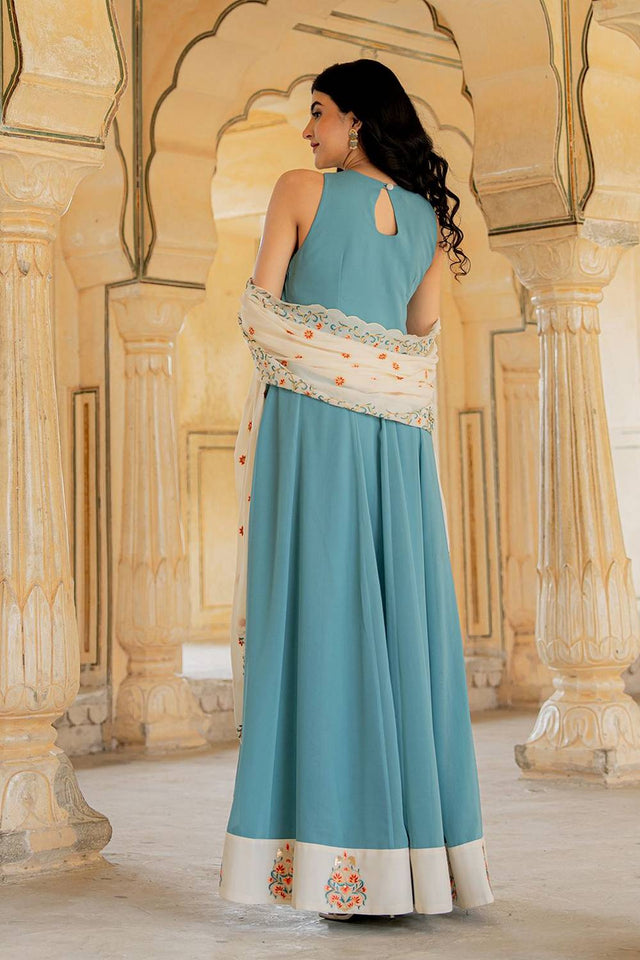 Blue Floral Embroidered Georgette Gown