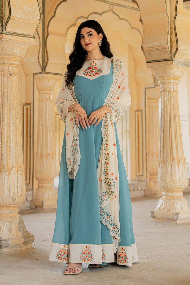 Blue Floral Embroidered Georgette Gown