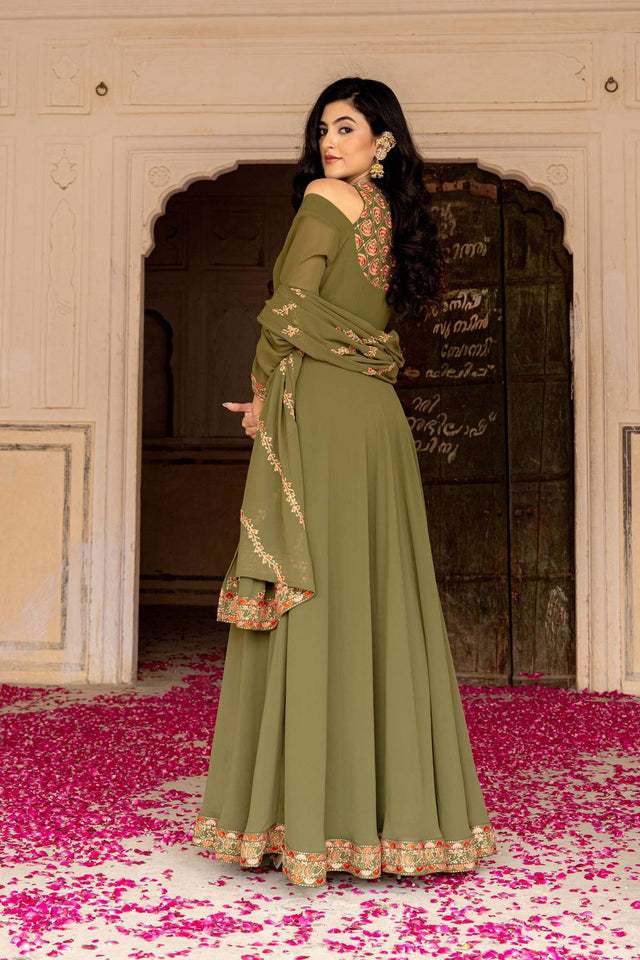 Olive Green Sequin with Embroidered Georgette Gown