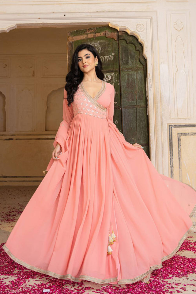 Peach Sequin with Embroidered Georgette Gown