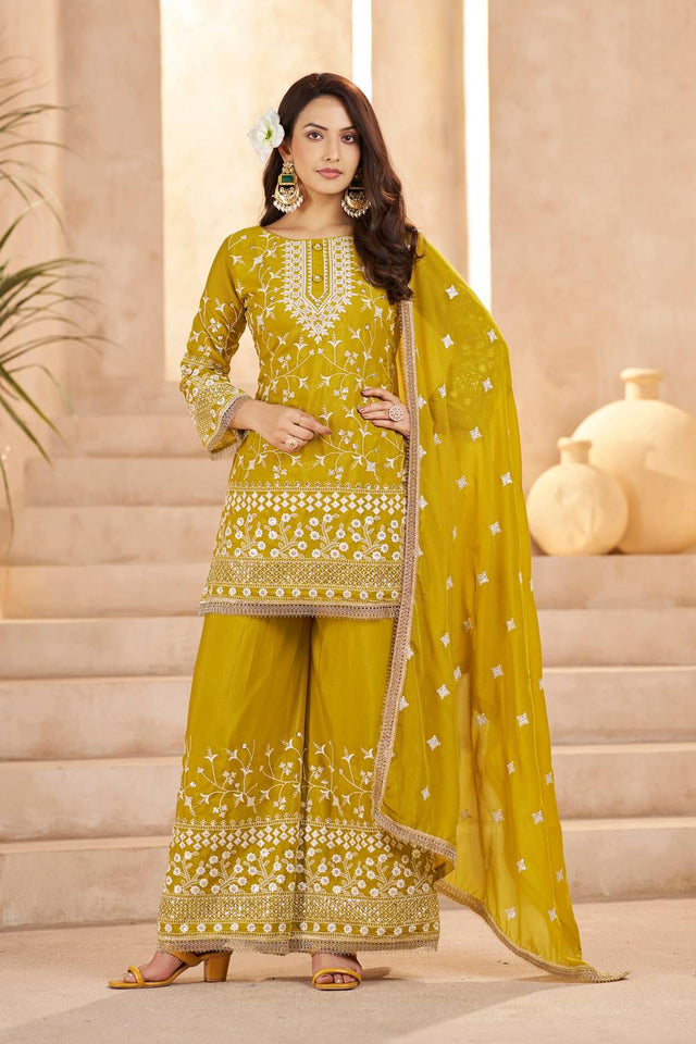 Mustard Floral Embroidered Georgette Palazzo Suits
