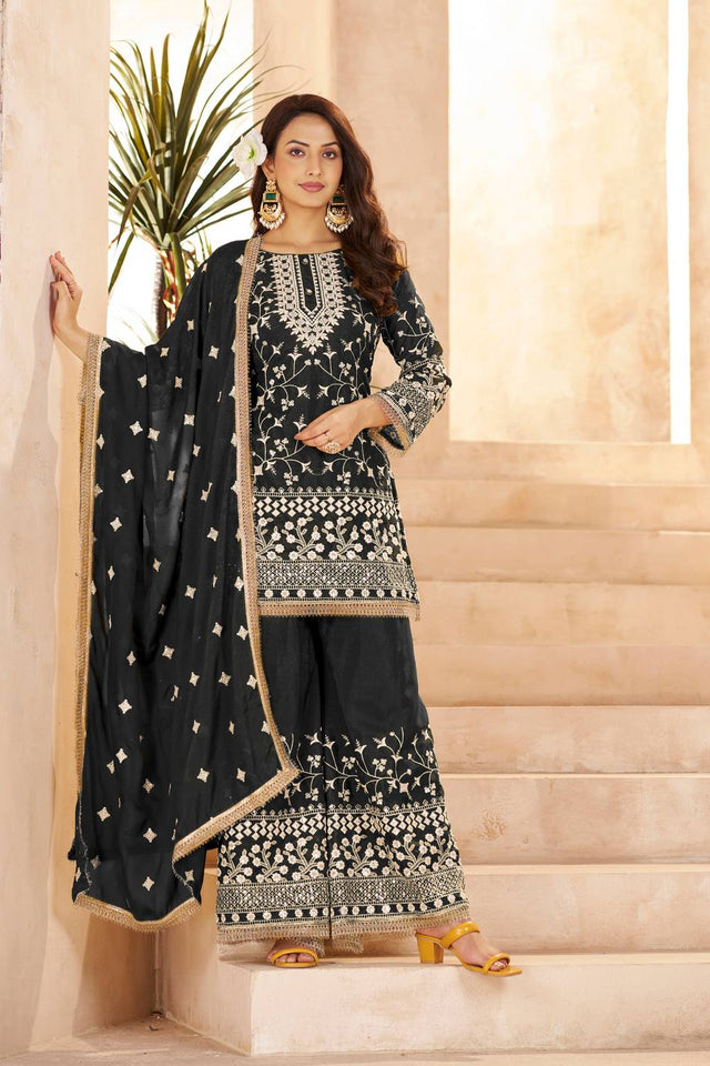 Black Floral Embroidered Georgette Palazzo Suits