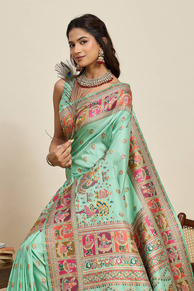 Sea Green Woven Silk Saree